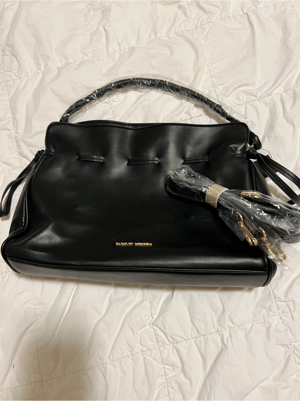 Badgley Mischka Black Leather Top-Handle Crossbody/Handbag with Gold Hardware